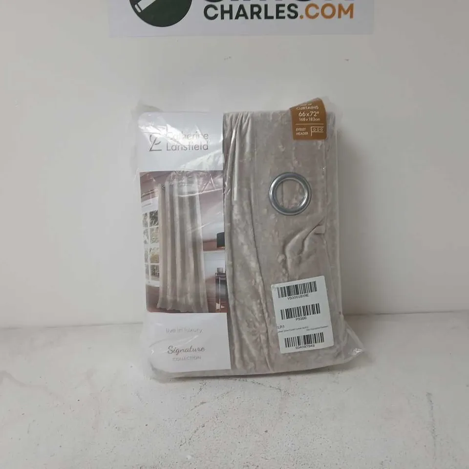 CATHERINE LANSFIELD CRUSHED VELVET EYELET LINED CURTAINS - NATURAL - 66" X 72"