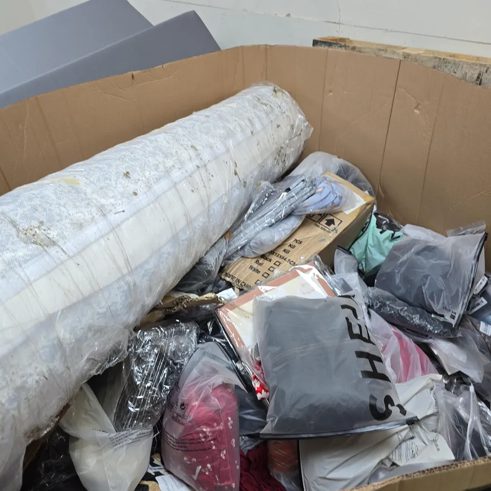 PALLET OF APPROX 100 ASSORTED ITEMS TO INCLUDE CLOTHING , SHOES AND MATS