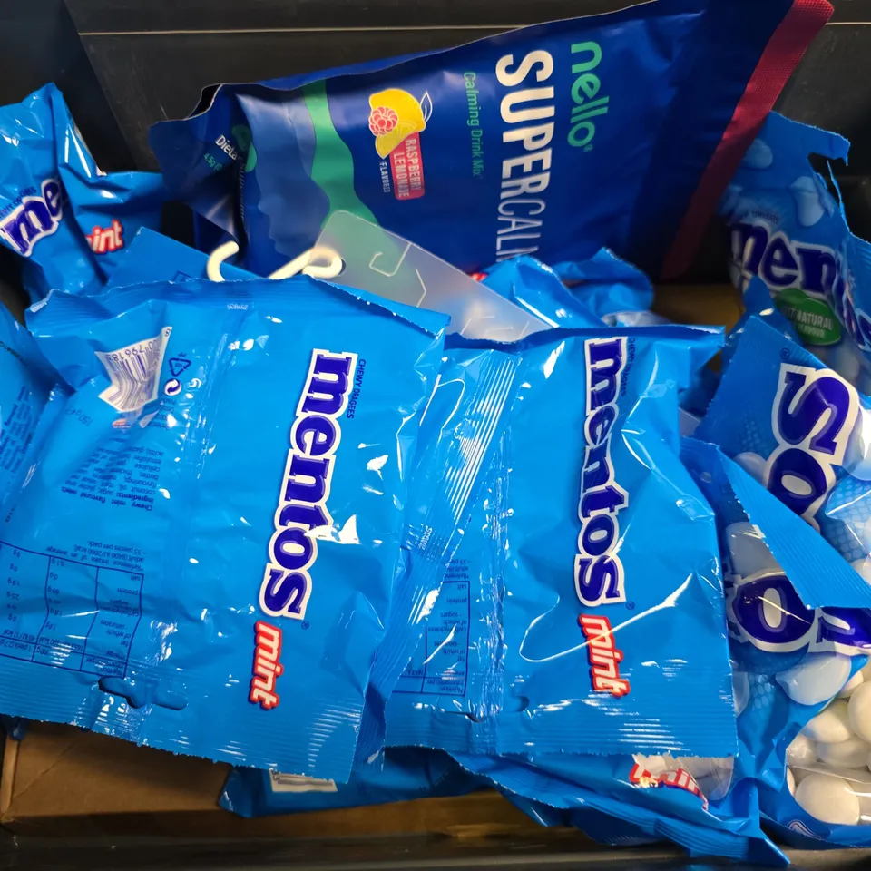 APPROXIMATELY 8 ASSORTED FOOD ITEMS TO INCLUDE - MENTOS  , NELLO SUPER CALM 