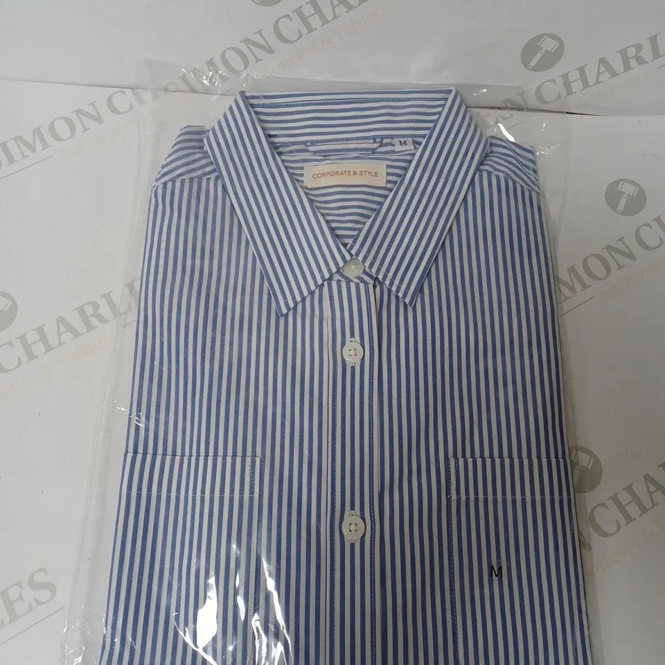 SEALED SET OF 5 BRAND NEW CORPORATIVE STYLE BLUE & WHITE STRIPE WOMENS SHIRT- MEDIUM