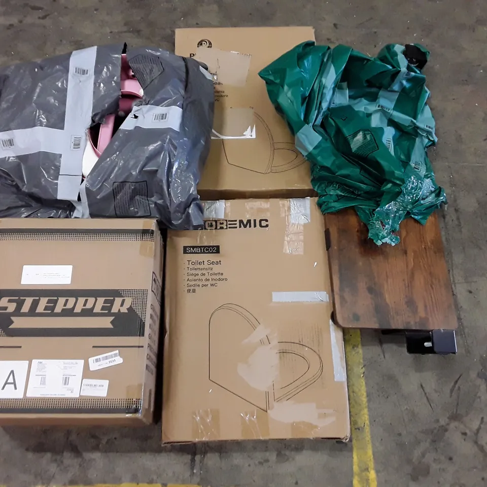 PALLET OF ASSORTED PRODUCTS INCLUDING STEPPER FOR EXERCISE, TOILET SEATS, CLAMP-ON DESK, KIDS TOILET TRAINER 