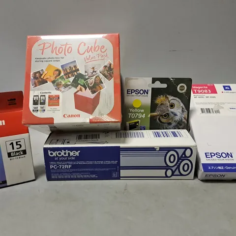 BOX OF APPOXIMATELY 12 ASSORTED ITEMS TO INCLUDE - PHOTO CUBE , EPSON YELLOW T0394 , BROTHER PC-72RF REFILL ROLLS ETC