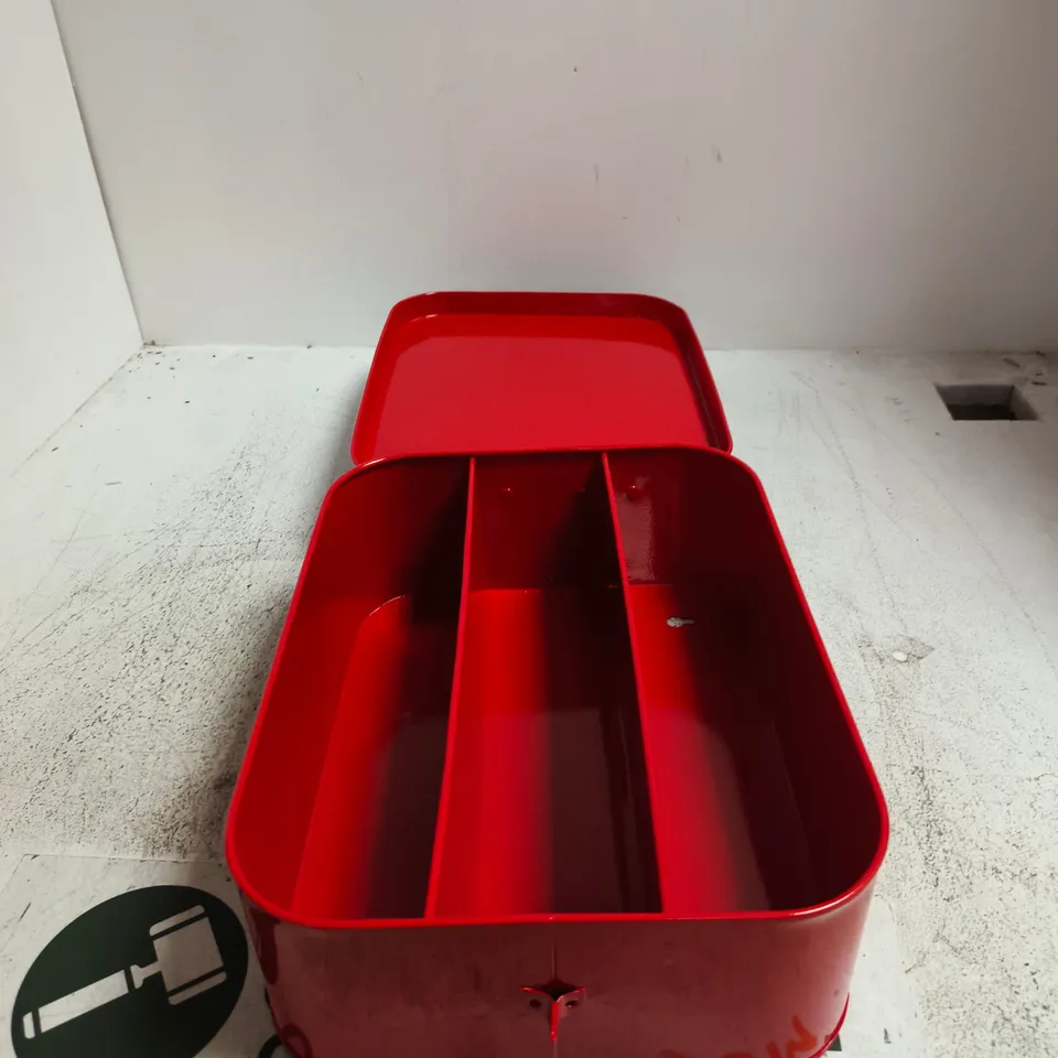 RED METAL FIRST AID STORAGE TIN WITH WHITE CROSS DESIGN