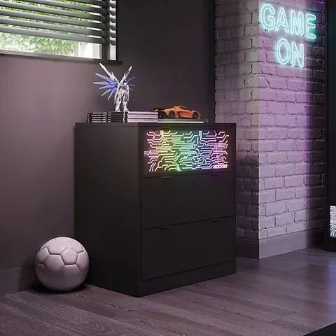 BOXED X ROCKER NEONITE CHEST OF 3 DRAWERS WITH APP CONTROL RGB LED LIGHTS - BLACK (1 BOX)