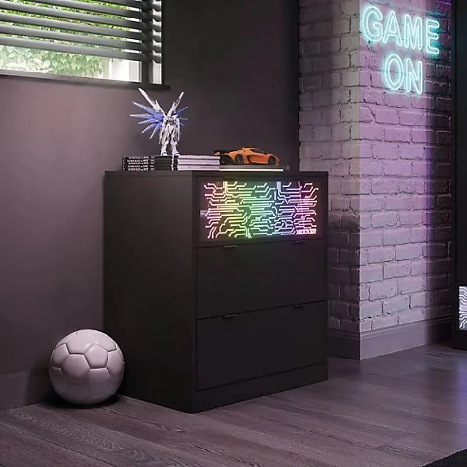 BOXED X ROCKER NEONITE CHEST OF 3 DRAWERS WITH APP CONTROL RGB LED LIGHTS - BLACK (1 BOX)