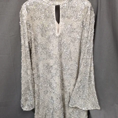 RIVER ISLAND SEQUIN LONG SLEEVE DRESS LIGHT GREY SIZE 8