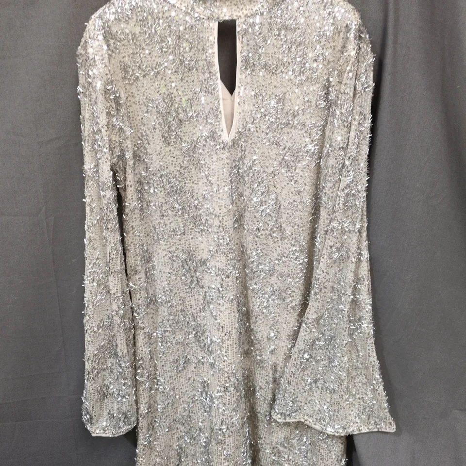 RIVER ISLAND SEQUIN LONG SLEEVE DRESS LIGHT GREY SIZE 8