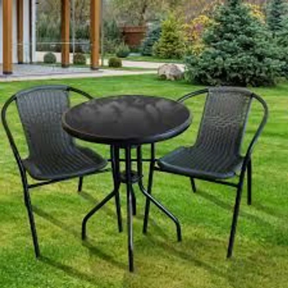 BOXED BOLERO 2 SEAT GREY RATTAN BISTRO SET BLACK GLASS (1 BOX)
