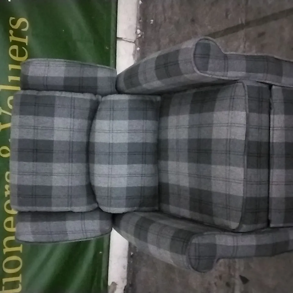 QUALITY DESIGNER LIGHT/DARK GREY TARTAN FABRIC PUSHBACK RECLINER ARMCHAIR 
