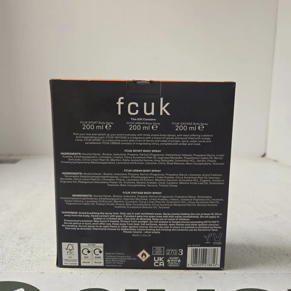 FCUK BODY SPRAY GIFT SET – ONE OF EACH (3 X 200ML)