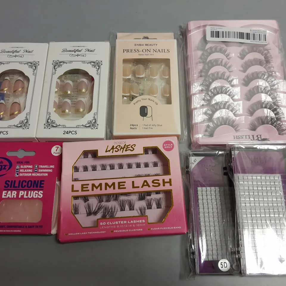 LOT OF 9 ASSORTED BEAUTY ITEMS TO INCLUDE EYELASHES, NAILS AND EAR PLUGS