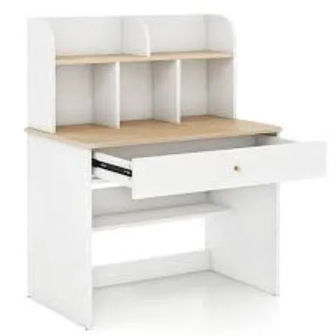 BOXED COSTWAY SINGLE DRAWER KIDS WOODEN STUDY DESK WITH HUTCH WHITE