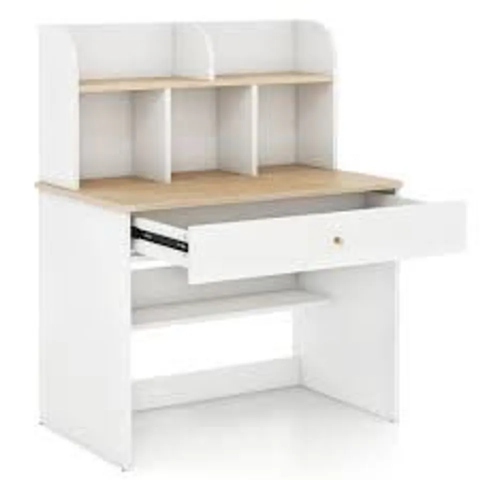 BOXED COSTWAY SINGLE DRAWER KIDS WOODEN STUDY DESK WITH HUTCH WHITE