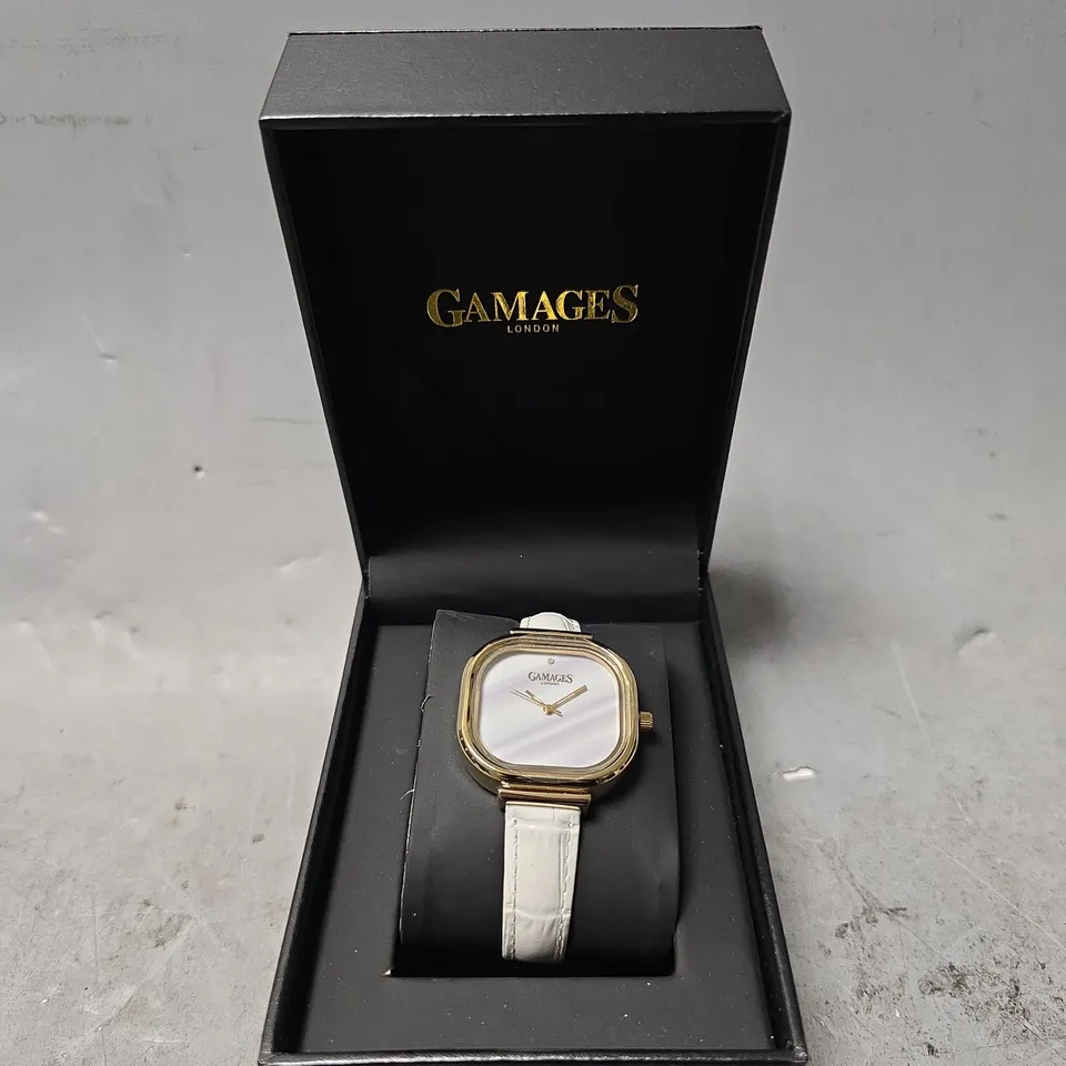 BOXED GAMAGES MIRROR GOLD WHITE WATCH