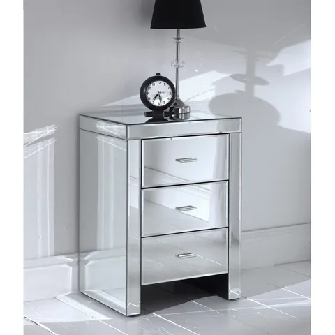 BOXED HOMESDIRECT ROMANO MIRRORED BEDSIDE 3 DRAWER-DAMAGED