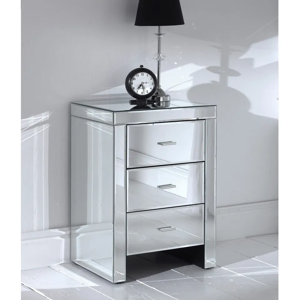 BOXED HOMESDIRECT ROMANO MIRRORED BEDSIDE 3 DRAWER-DAMAGED