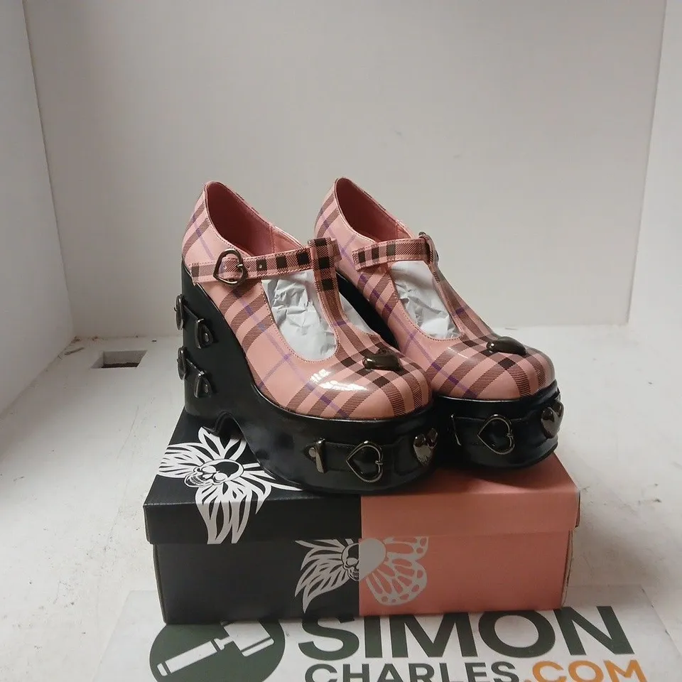 KOI WOMEN’S PINK PLAID PATENT PLATFORM MARY JANE SHOES WITH BUCKLE STRAPS UK 5