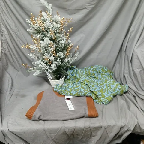 BOX OF APPROXIMATELY 5 ASSORTED HOUSEHOLD ITEMS INCLUDING MONSOON XXL SIZE DRESS, WINTER TREE DECORATION IN POT AND BEN DE LISI KNITTED SMALL SLEEVELESS JUMPER