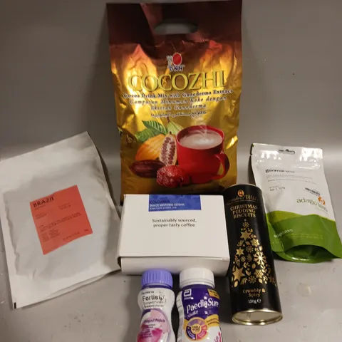APPROXIMATELY 10 ASSORTED FOOD/DRINK PRODUCTS TO INCLUDE CHRISTMAS PUDDING BISCUITS, GENMAI CHA TEA, COCOZHI DRINK MIX ETC 