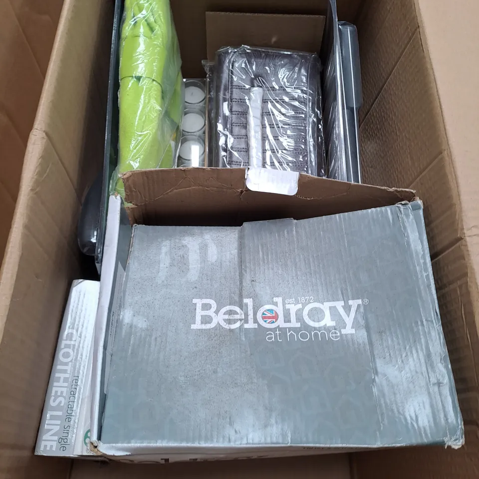 BOX OF ASSORTED HOUSEHOLD ITEMS TOO INCLUDE CLOCKS , PURSES , KNIFE AND FORK SETS , ETC 