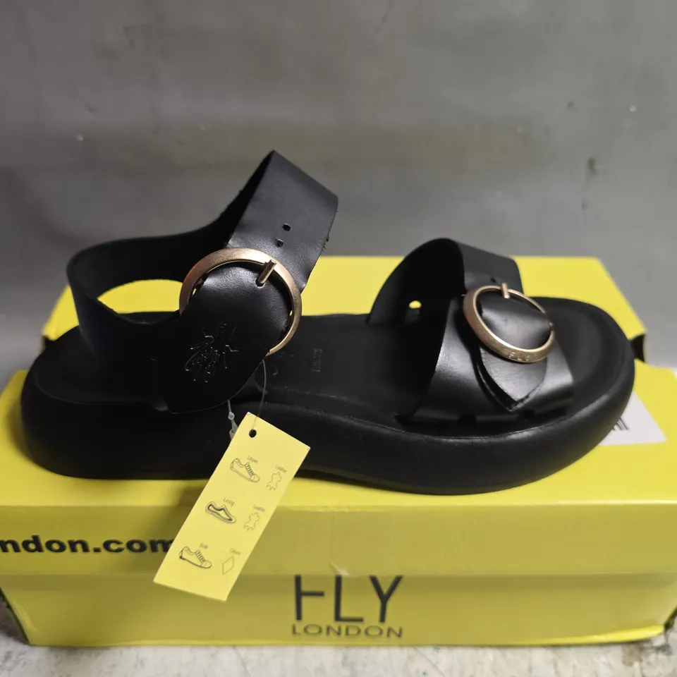 BOXED PAIR OF FLY LONDON BRIDLE SANDALS IN BLACK - UK 5