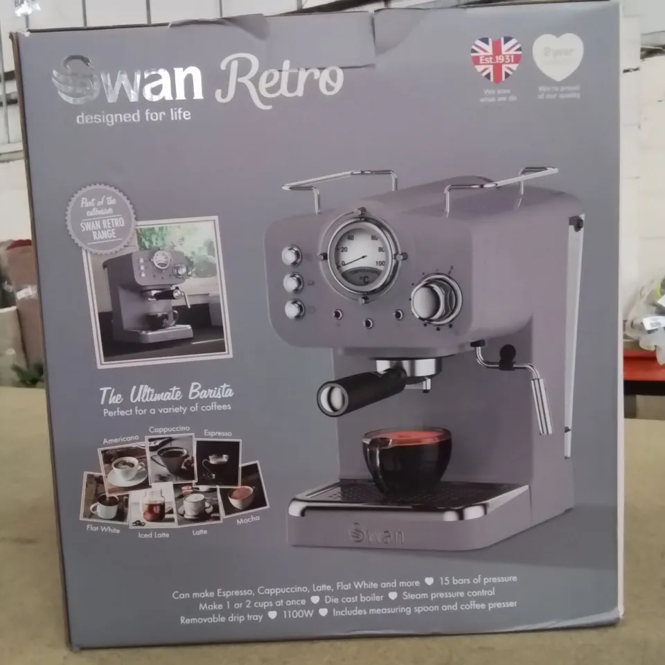 BRAND NEW BOXED SWAN RETRO STYLE ESPRESSO COFFEE MACHINE IN GREY