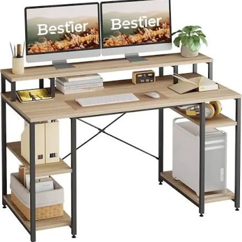 BOXED BESTIER COMPUTER DESK WITH MONITOR SHELF - OAK (1 BOX)