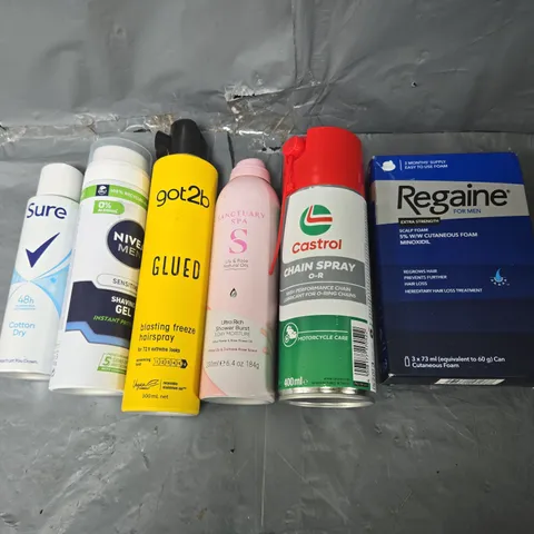 APPROXIMATELY 10 ASSORTED AEROSOLS TO INCLUDE HAIRSPRAY, DEODRANT, AND SHAVING CREAM ETC. 