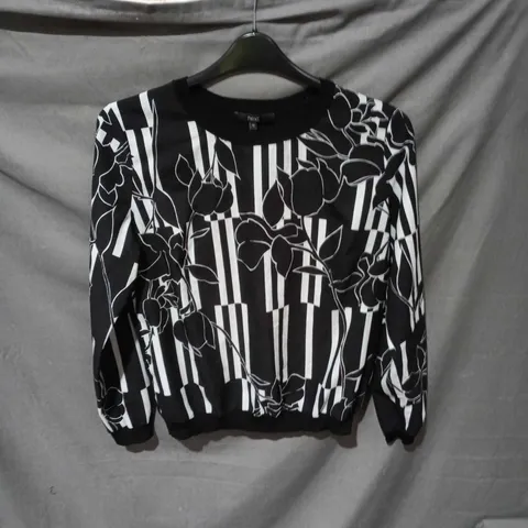 NEXT WOMEN’S KNIT TOP – BLACK WITH WHITE FLORAL & STRIPE PRINT, UK 12
