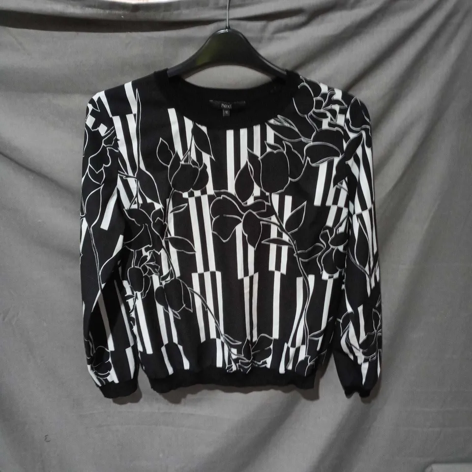 NEXT WOMEN’S KNIT TOP – BLACK WITH WHITE FLORAL & STRIPE PRINT, UK 12