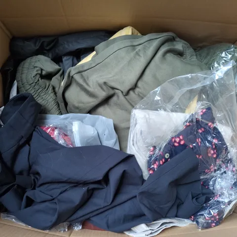 LARGE BOX OF APPROXIMATELY 25 ASSORTED CLOTHING ITEMS IN VARIOUS COLOURS, STYLES AND SIZES - COLLECTION ONLY