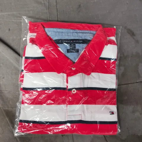 TOMMY HILFIGER CUSTOM FIT STRIPE POLO TOP IN RED/WHITE/NAVY SIZE XXL