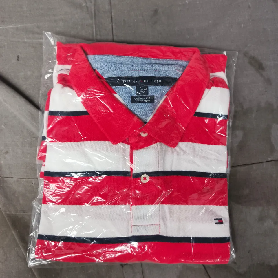 TOMMY HILFIGER CUSTOM FIT STRIPE POLO TOP IN RED/WHITE/NAVY SIZE XXL
