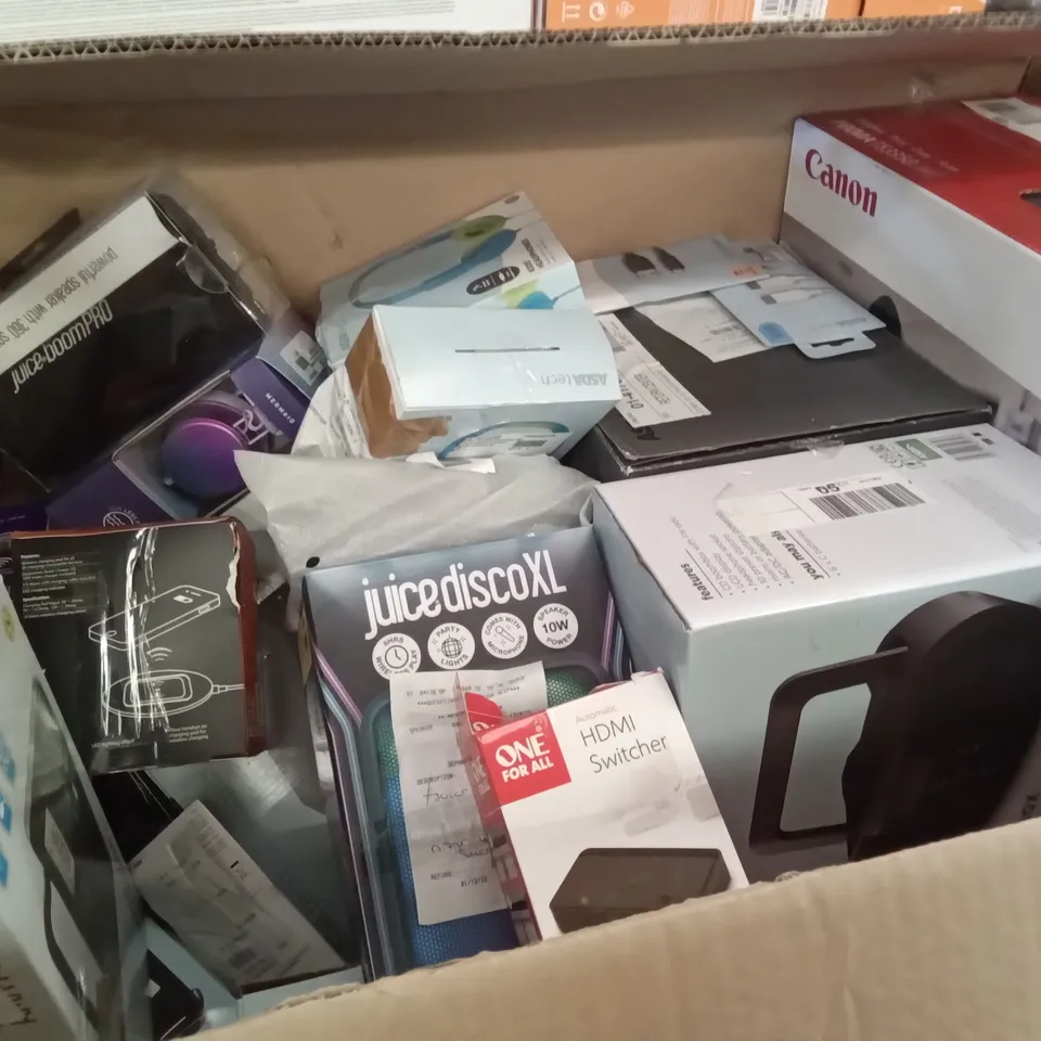 PALLET OF ASSORTED ELECTRONICS INCLUDING HDMI DVD PLAYER WITH REMOTE, CANON PIXMA, HP DESK JET, ONN PORTABLE AM/FM RADIO, ONE FOR ALL HDMI SWITCHER, BLACK WEB WIRELESS CHARGING PAD
