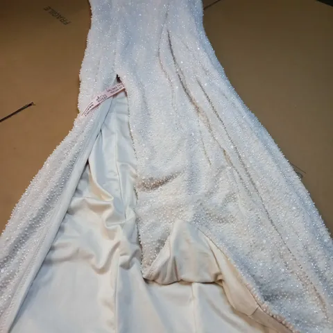 OH POLLY IVORY/BEAD DETAILED HALTER NECK HIGH SPLIT STATEMENT MIDI GOWN - SIZE 14