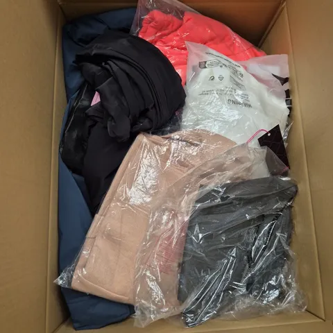 LARGE BOX OF ASSORTED CLOTHING ITEMS IN VARIOUS SIZES, STYLES AND COLOUR 