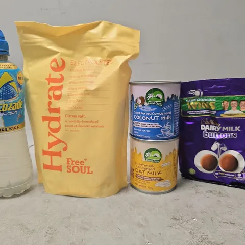 APPROXIMATELY 13 ASSORTED FOOD & DRINK ITEMS TO INCLUDE - CADBURYS BUTTONS , COCONUT MILK , FREE SOUL HYDRATE , LUCOZADE SPORT ICE KICK ETC