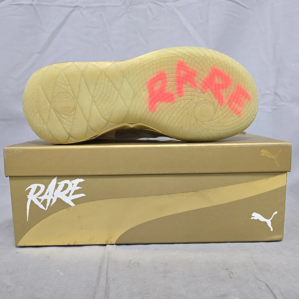 BOXED PAIR OF PUMA MB.01 GOLDEN CHILD SHOES IN METALLIC GOLD SIZE UK 4