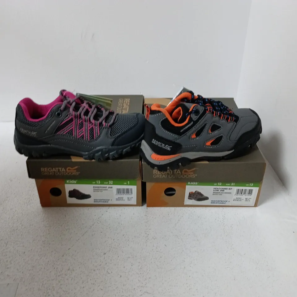 8 BOXED BRAND NEW PAIRS OF REGATTA KIDS SHOES IN VARIOUS SIZES & STYLES TO INCLUDE EDGEPOINT JNR SHOES, HOLCOMBE IEP LOW JNR, ETC