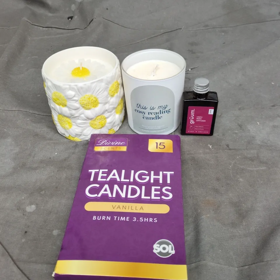 APPROXIMATELY 15 ASSORTED SCENTED CANDLES, REED DIFFUSER LIQUID AND TEALIGHT CANDLES