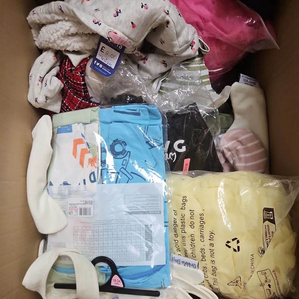 BOX OF APPROXIMATELY 30 ASSORTED KIDS CLOTHING ITEMS TO INCUDE - SKIRTS, PYJAMAS, JACKET, ETC