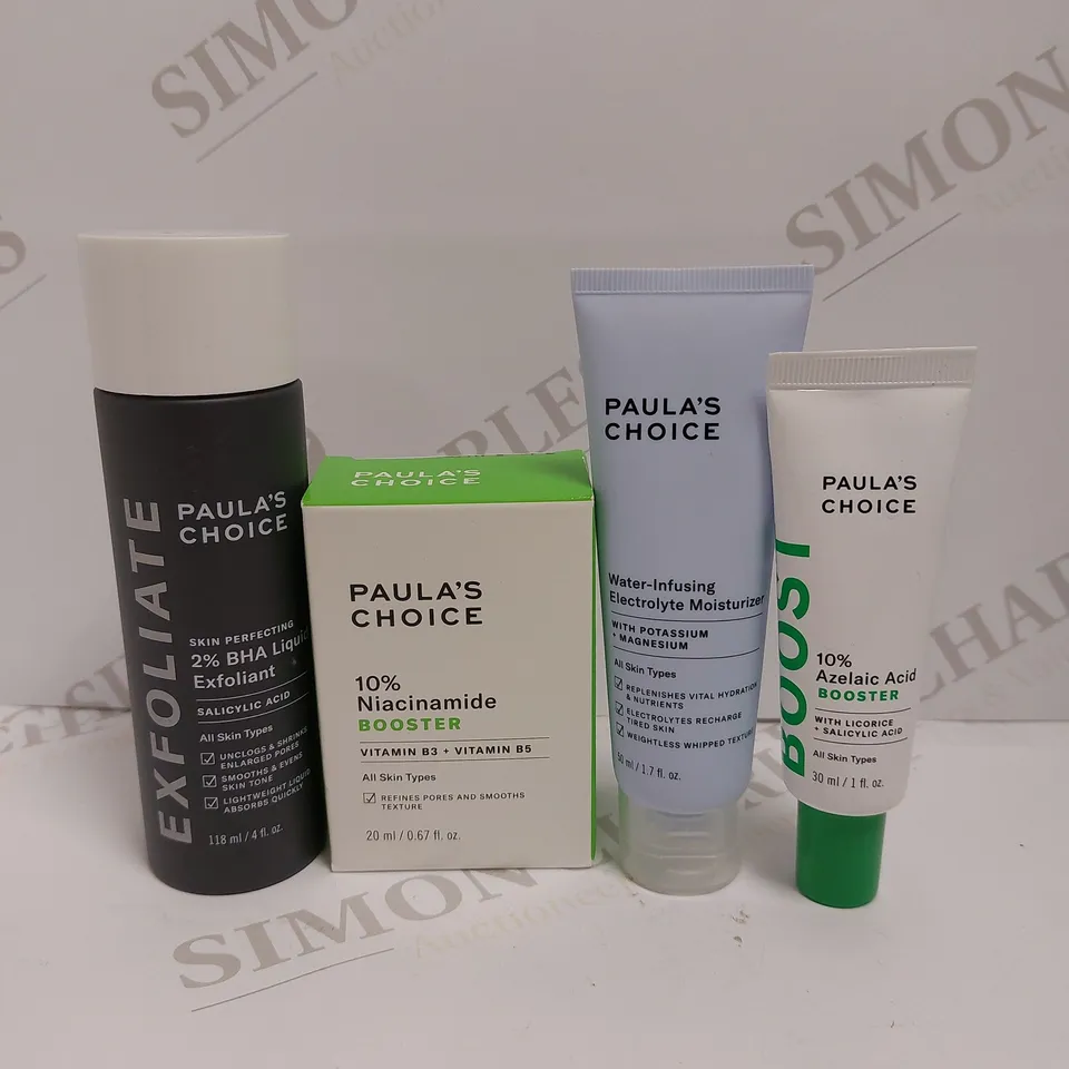 LOT OF 4 ASSORTED PAULA'S CHOICE PRODUCTS TO INCLUDE NIACINAMIDE BOOSTER 20ML, 10% AZELAIC ACID BOOSTER 30ML, WATER-INFUSING ELECTROLYTE MOISTURIZER 50ML, ETC