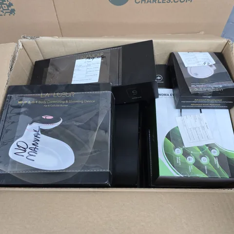 BOX OF APPROXIMATELY 10 ASSORTED ITEMS TO INCLUDE - FACIAL DEVICES , FAT & CELLULITE BURNER DEVICE , ETC