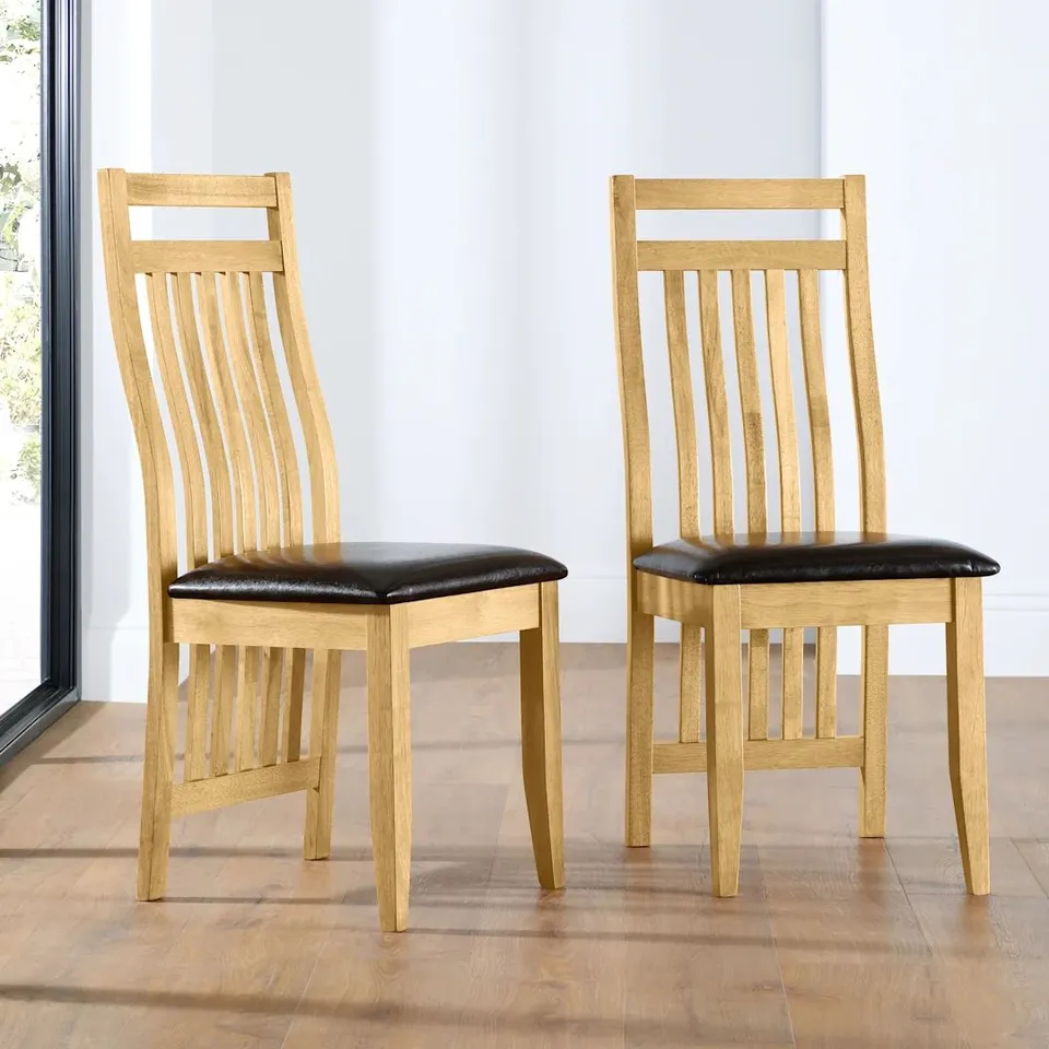 BOXED BALI OAK DINING CHAIR, BROWN CLASSIC FAUX LEATHER & NATURAL OAK FINISHED SOLID HARDWOOD (1 BOX)