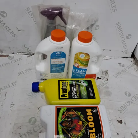 GROUP OF ASSORTED CLEANING ITEMS TOO INCLUDE CHAIN OIL , DETERGENT , LIMESCALE REMOVER , ETC