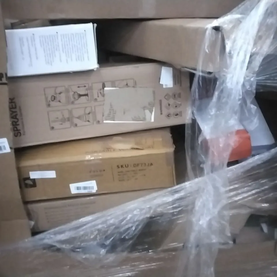 PALLET OF ASSORTED ITEMS INCLUDING LED CEILING LIGHT, OUTPUT SPRAYER, PERFECTA WATER BATH, PORTABLE WARDROBE, RETRACTABLE SAFETY GATE