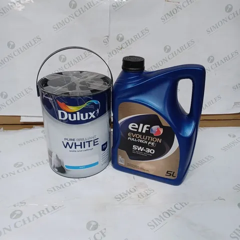 LOT OF 2 ITEMS TO INCLUDE DULUX PURE BRILLIANT MATT WHITE PAINT - 5L, ELF EVOLUTION FULL-TECH FE 5W-30 - 5L