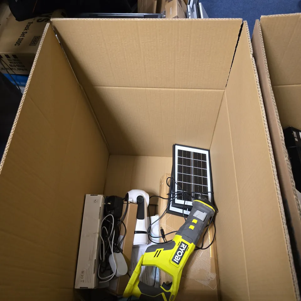 BOX OF APPROXIMATELY 8 ASSORTED ELECTRICAL ITEMS INCLUDING LIGHT FITTING , BT HUB AND BLENDER BASE 
