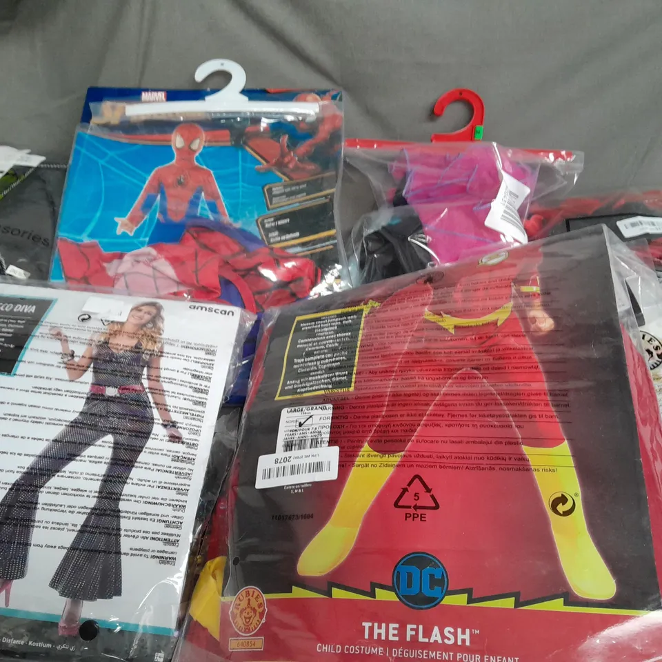 APPROXIMATELY 20 ASSORTED ADULT AND CHILDREN FANCY DRESS COSTUMES TO INCLUDE DISCO DIVA, SPIDERMAN, THE FLASH