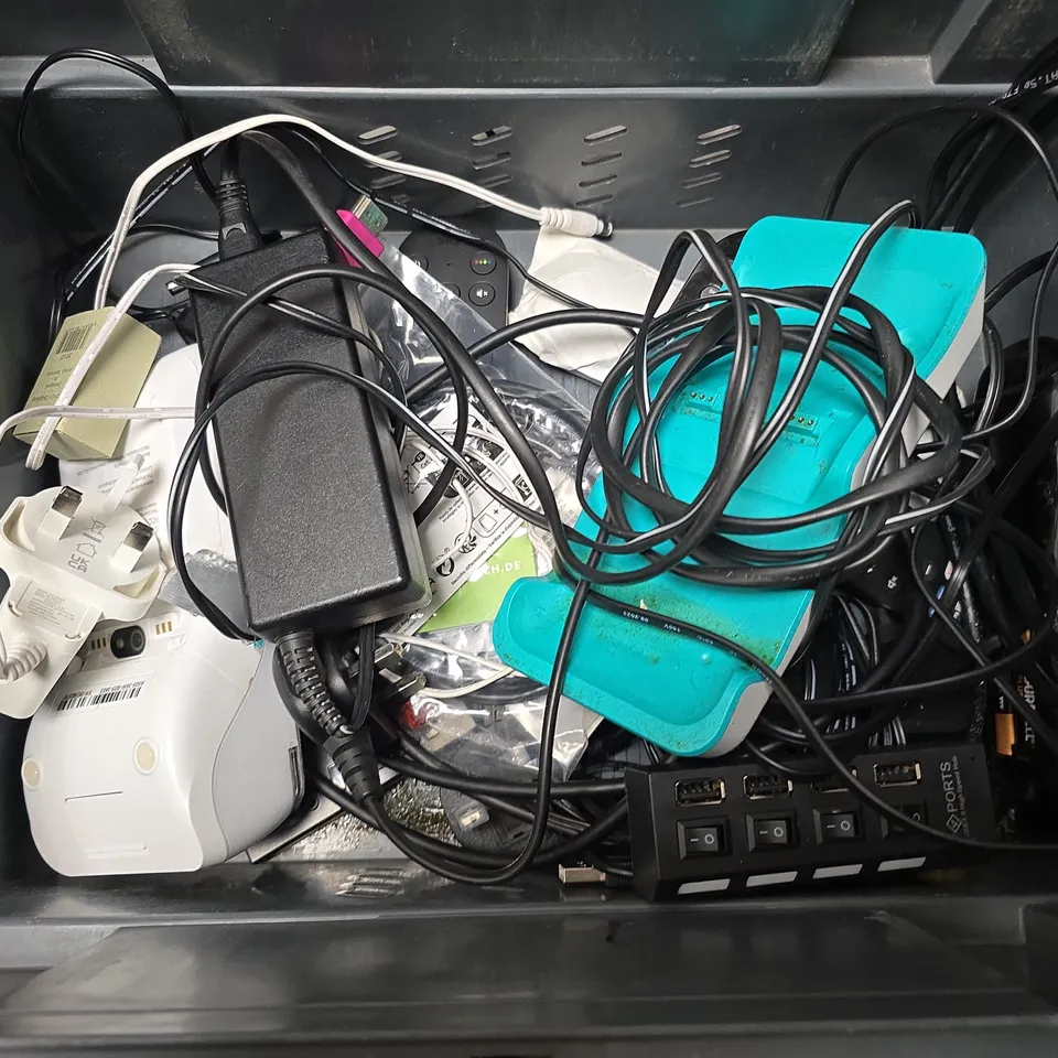 APPROXIMATELY 12 ASSORTED HOUSEHOLD ITEMS TO INCLUDE ROUTERS, TV REMOTES, POWER CABLE, ETC
